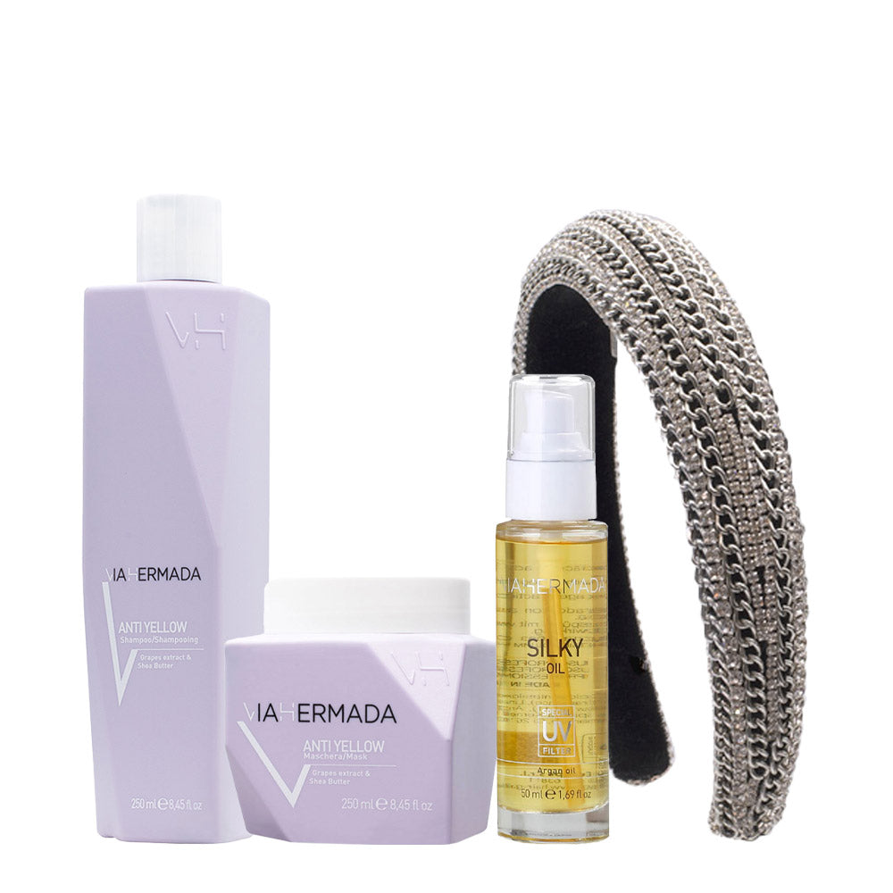 VIAHERMADA Anti-Yellow Shampoo 250ml Mask 250ml Silky Oil 50ml + Cerchietto Bombato in Omaggio
