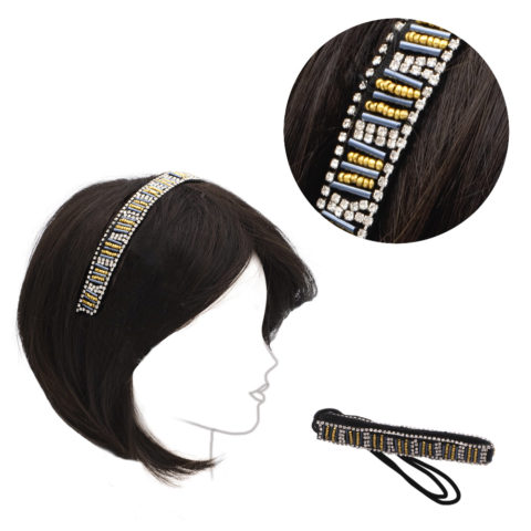 VIAHERMADA Elastisches Stirnband mit goldenen & schwarzen Metallperlen