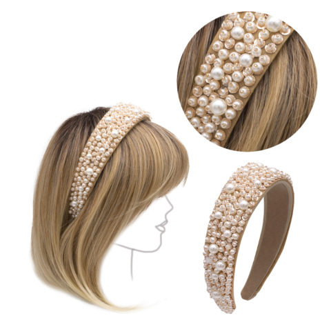 VIAHERMADA Haarreif aus beigem Wildleder mit Perlen und Steinen