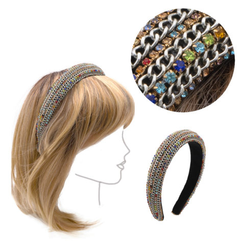 VIAHERMADA Abgerundetes Stirnband mit Ketten und farbigen Strasssteinen