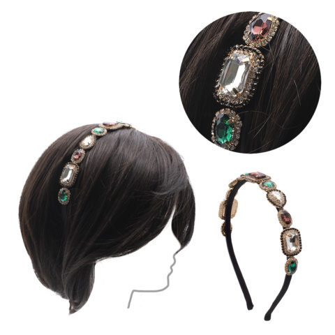 Haarreifen aus schwarzem Grosgrain mit Mehrfarbigen Kristallen und Glassteinen
