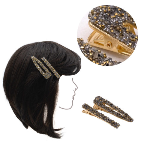 VIAHERMADA Set aus zwei goldenen Metallclips mit goldenen und anthrazitfarbenen Strasssteinen