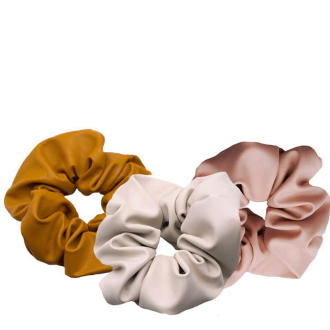 3er-Set Scrunchy aus Kunstleder Ocker + Altrosa + Creme