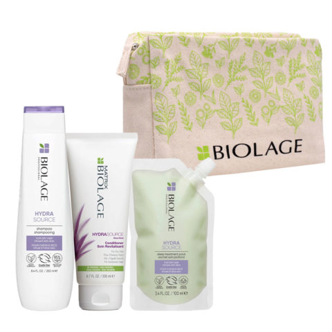 Biolage Hydrasource Shampoo 250ml Conditioner 200ml Treatment 100ml + Pochette Summer GRATIS