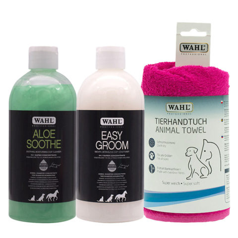 Wahl Pro Pet Aloe Soothe Shampoo 500ml Conditioner 500ml Pet Towel Bamboo Pink