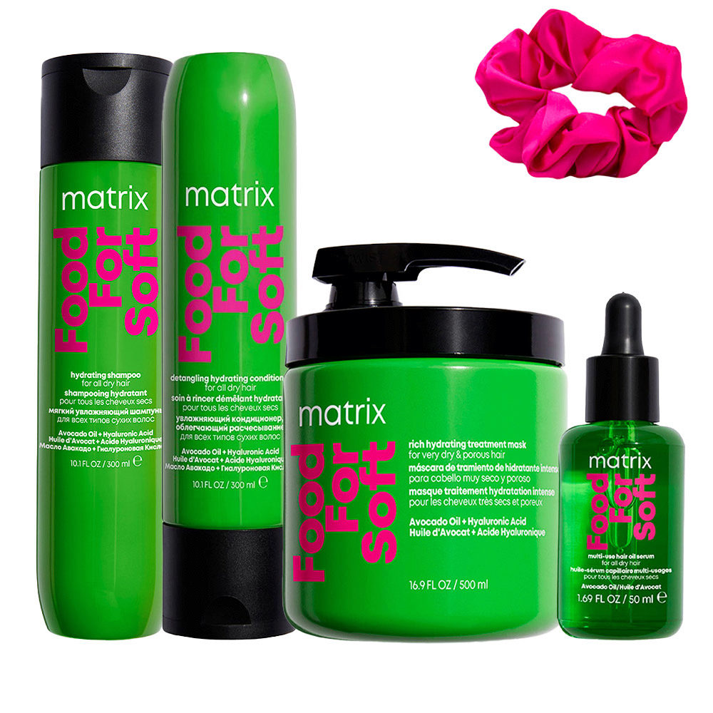Matrix Haircare Food For Soft Shampoo 300ml Conditioner 300ml Mask 500ml Oil 50ml + InstaCure Scrunch Als Geschenk