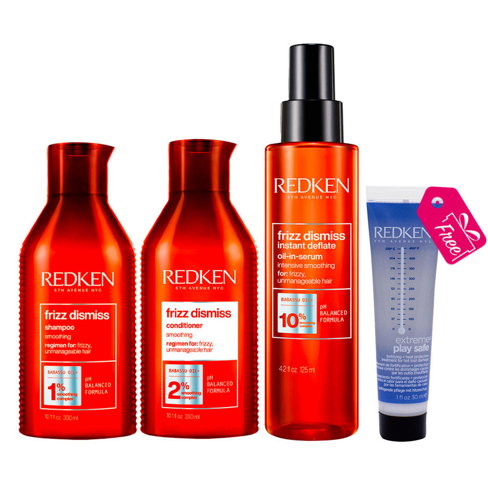 Redken Frizz Dismiss Shampoo 300ml Conditioner 300ml Serum 125ml + KOSTENLOS Extreme Mini Play Safe 30ml