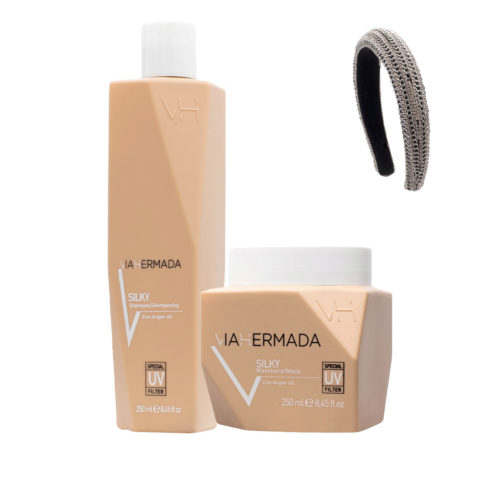 VIAHERMADA Silky Shampoo 250ml Mask 250ml + Gratis Abgerundeter Haarreifen mit Ketten und Strasssteinen