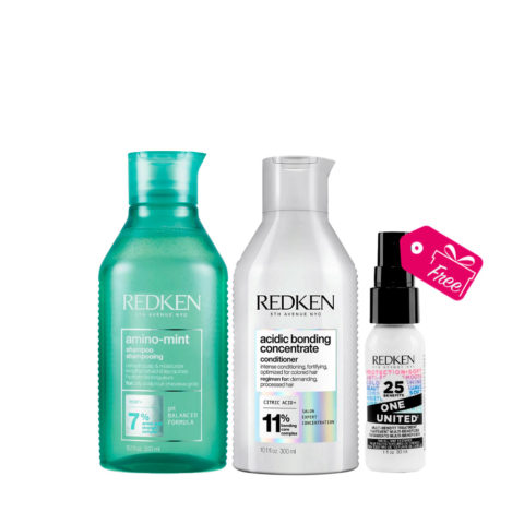 Redken Amino Mint Shampoo 300ml Acidic Bonding Concentrate Conditioner 300ml +KOSTENLOS One United All In One Spray 30ml
