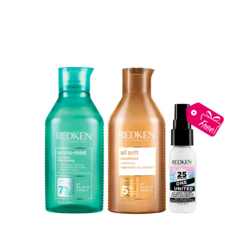 Redken Amino Mint Shampoo 300ml All Soft Conditioner 300ml + GRATIS One United All In One Spray 30ml